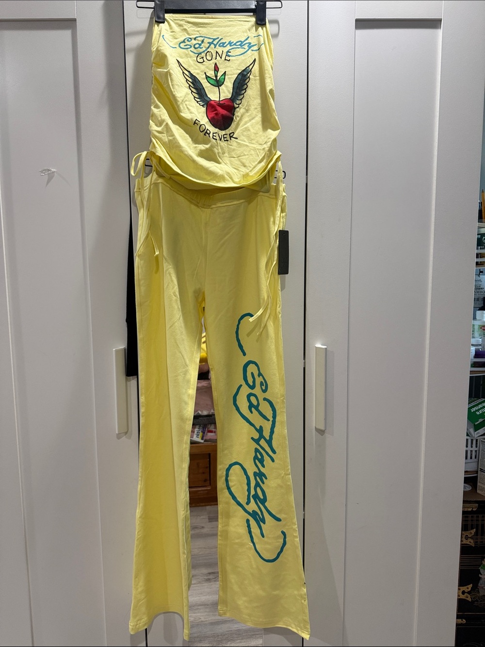 NWT Ed Hardy Yellow Lounge Set with Turquoise Script and Red Apple